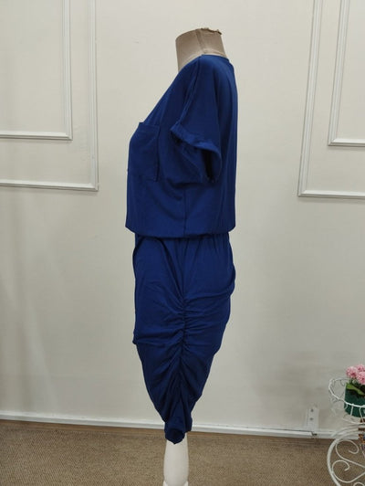 Rochie scurtă din viscoză pentru femei, cu mânecă scurtă, guler rotund și detalii cu buzunare, 32203