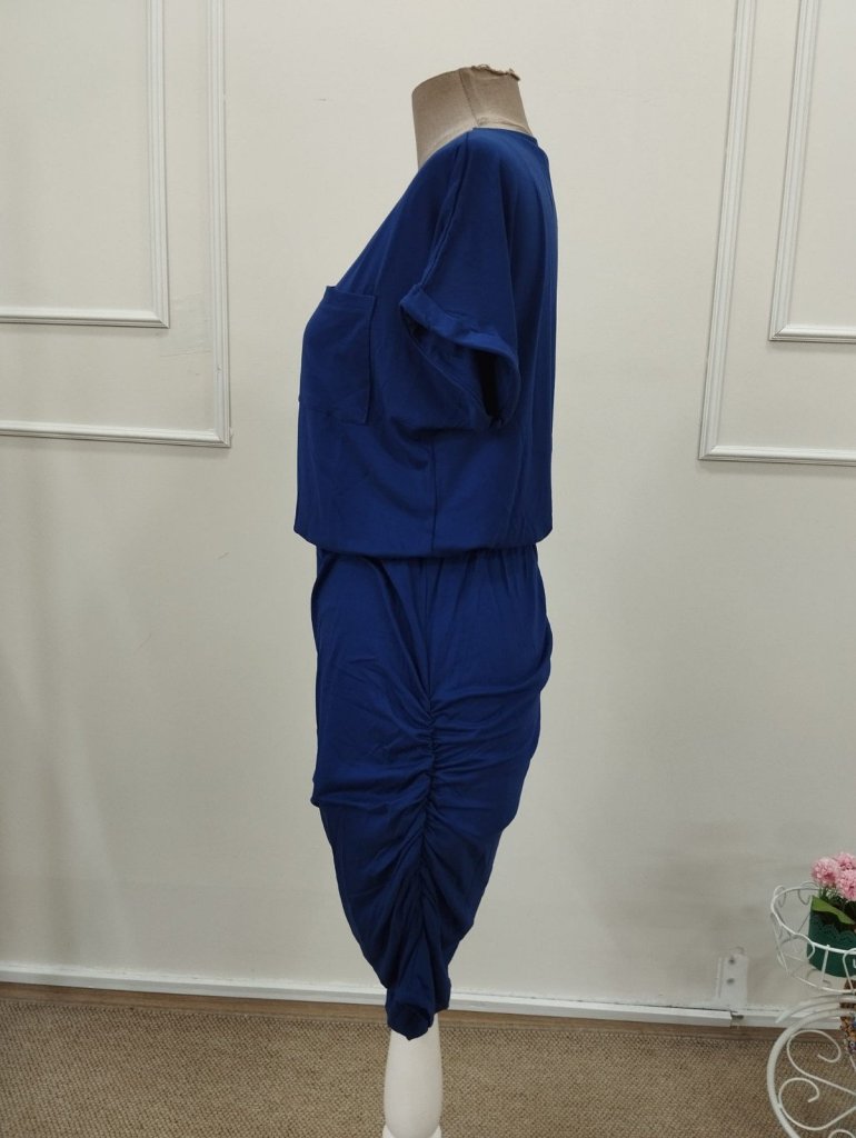 Rochie scurtă din viscoză pentru femei, cu mânecă scurtă, guler rotund și detalii cu buzunare, 32203