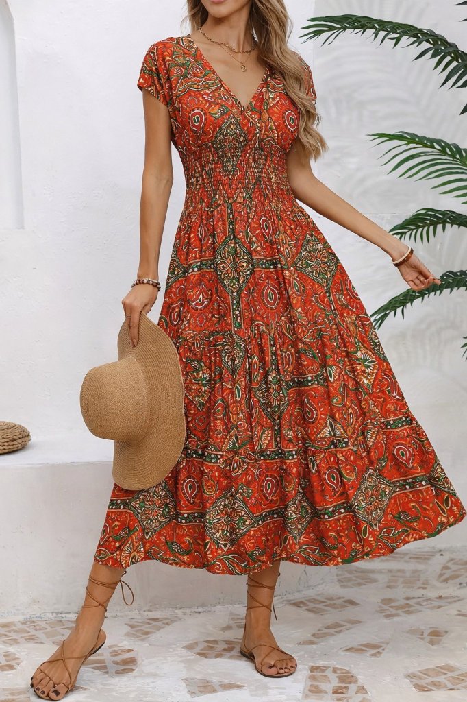 Rochie lungă Supreme pentru femei, cu mânecă scurtă, decolteu în V și talie elastică, 32213