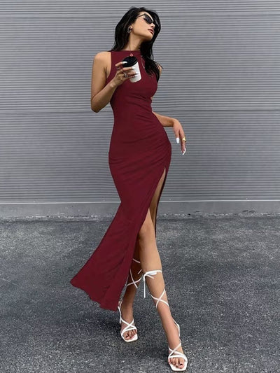 Women's Open-Shoulder Ruched Side Slit Long Scuba Dress, 32219