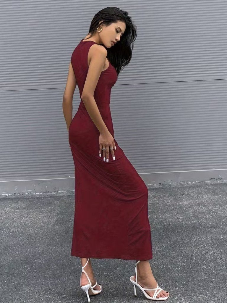 Women's Open-Shoulder Ruched Side Slit Long Scuba Dress, 32219