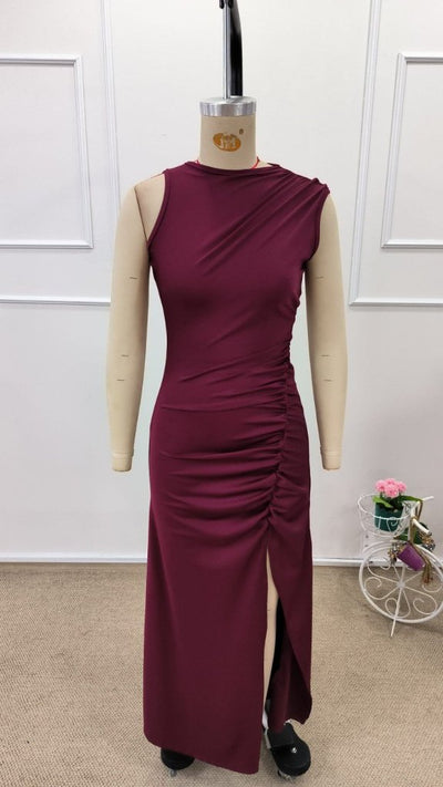 Women's Open-Shoulder Ruched Side Slit Long Scuba Dress, 32219