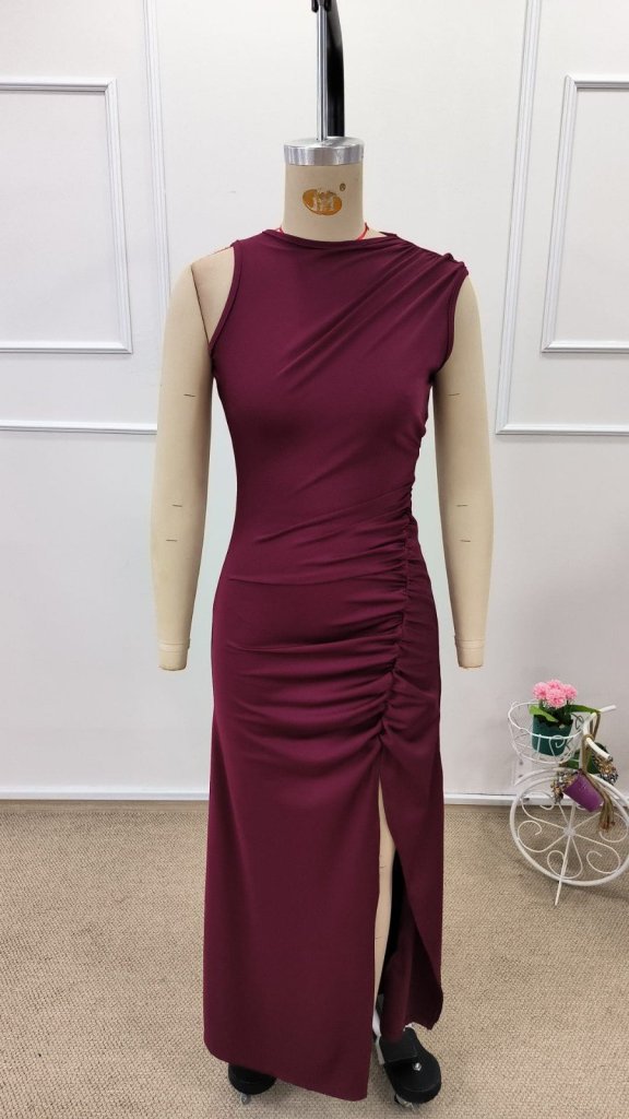 Women's Open-Shoulder Ruched Side Slit Long Scuba Dress, 32219
