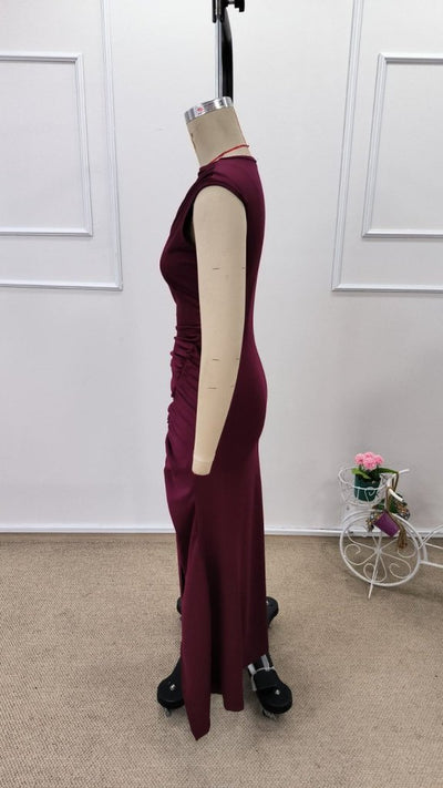 Women's Open-Shoulder Ruched Side Slit Long Scuba Dress, 32219