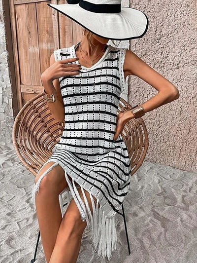 Rochie tricotată cu model de dungi și ciucuri, fără mâneci, pentru femei, 32232