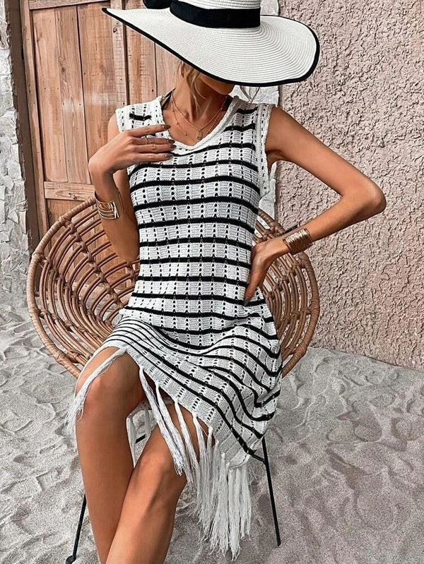 Rochie tricotată cu model de dungi și ciucuri, fără mâneci, pentru femei, 32232