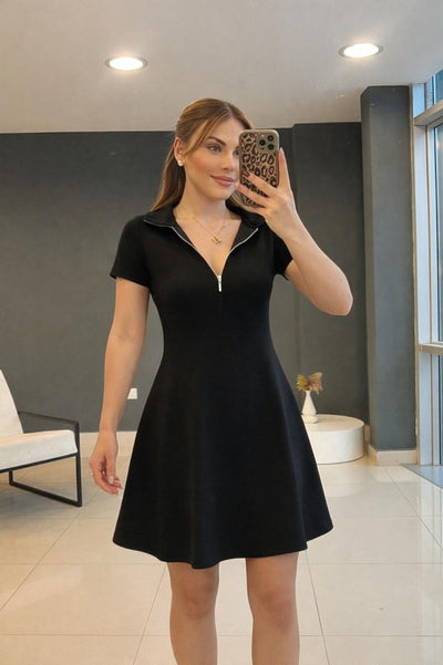 Rochie scurtă din viscoză cu două fire, cu mânecă scurtă și guler cu fermoar, pentru femei, 34112
