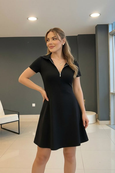 Rochie scurtă din viscoză cu două fire, cu mânecă scurtă și guler cu fermoar, pentru femei, 34112