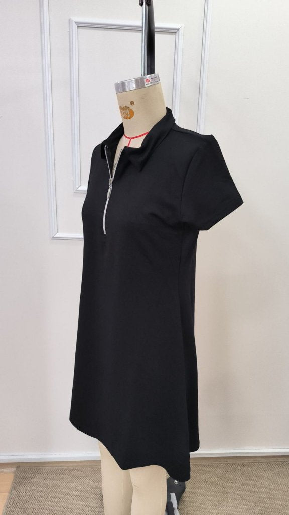 Rochie scurtă din viscoză cu două fire, cu mânecă scurtă și guler cu fermoar, pentru femei, 34112