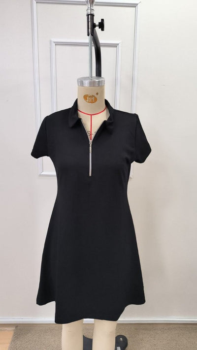 Rochie scurtă din viscoză cu două fire, cu mânecă scurtă și guler cu fermoar, pentru femei, 34112