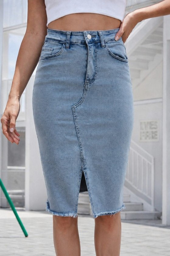 Fustă scurtă din denim femininǎ, talie înaltă, cu tăieturi în față, 36390