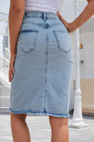 Fustă scurtă din denim femininǎ, talie înaltă, cu tăieturi în față, 36390