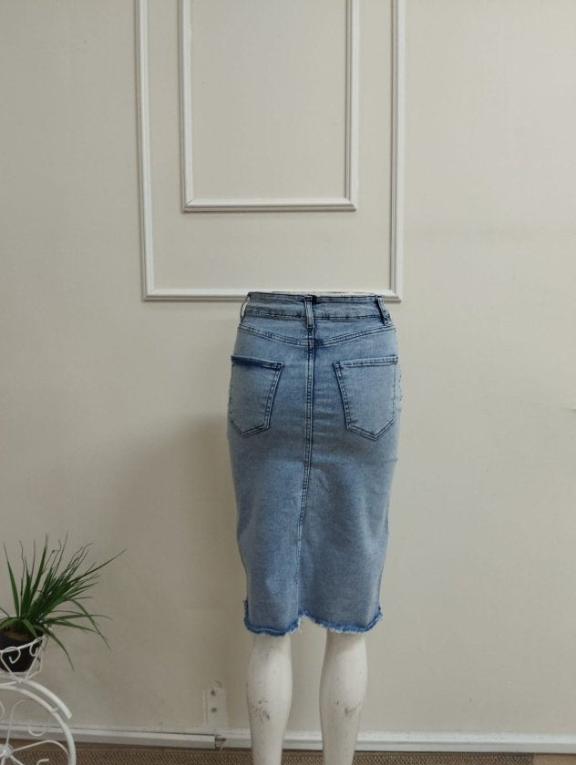 Fustă scurtă din denim femininǎ, talie înaltă, cu tăieturi în față, 36390