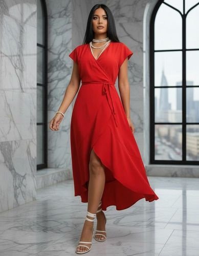 Women's Short Sleeve Wrap Neck Belted Midi Aerobin Dress, 32266