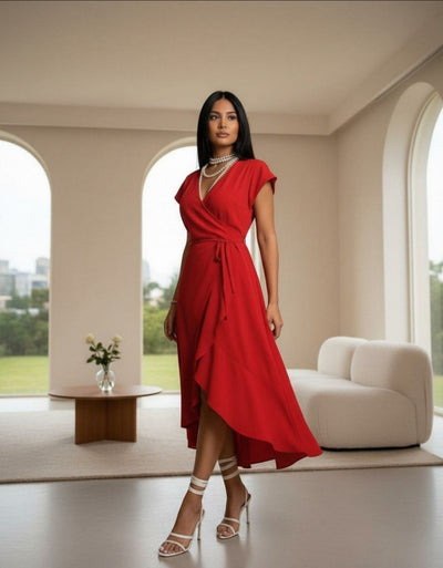 Women's Short Sleeve Wrap Neck Belted Midi Aerobin Dress, 32266