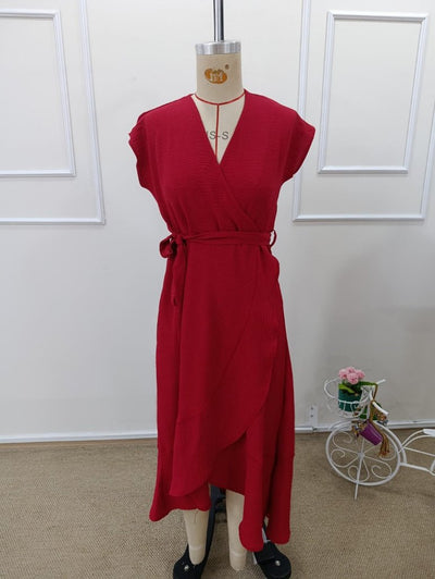Women's Short Sleeve Wrap Neck Belted Midi Aerobin Dress, 32266