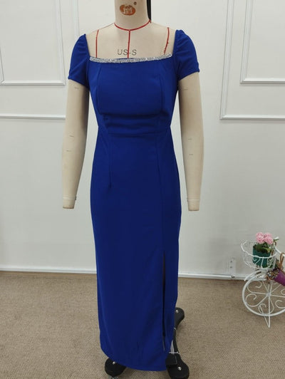 Rochie lungă de damă importată, din crep, cu mânecă scurtă, decolteu pătrat, detalii cu sclipici, șiret la spate și șliț, 32276