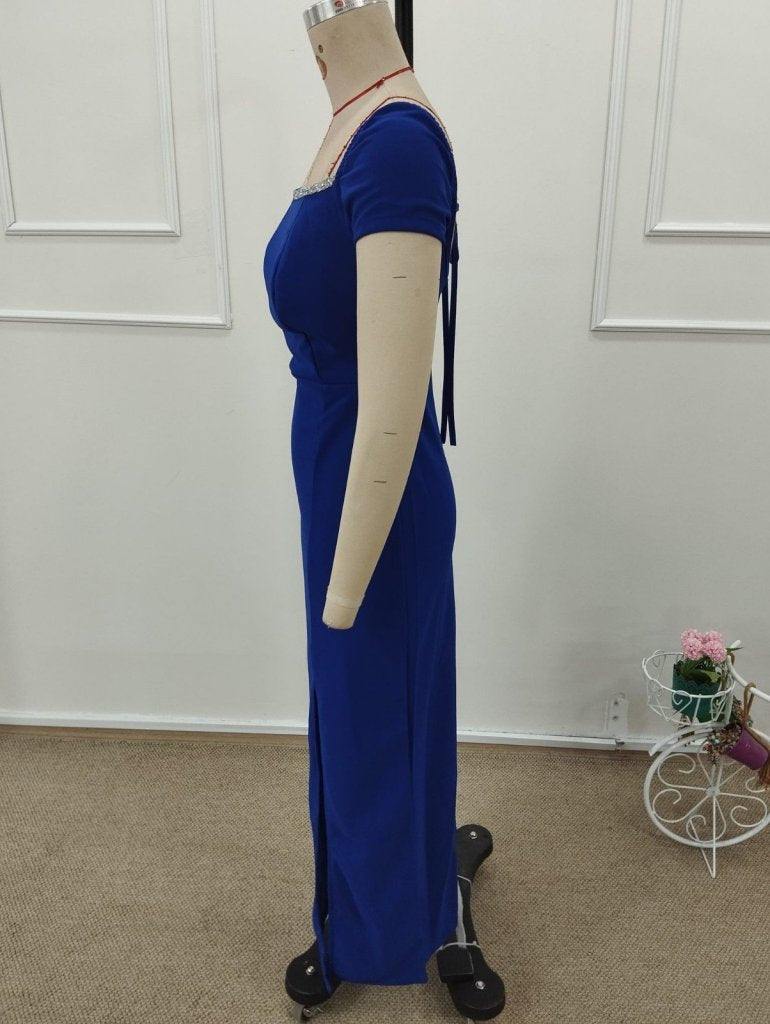 Rochie lungă de damă importată, din crep, cu mânecă scurtă, decolteu pătrat, detalii cu sclipici, șiret la spate și șliț, 32276