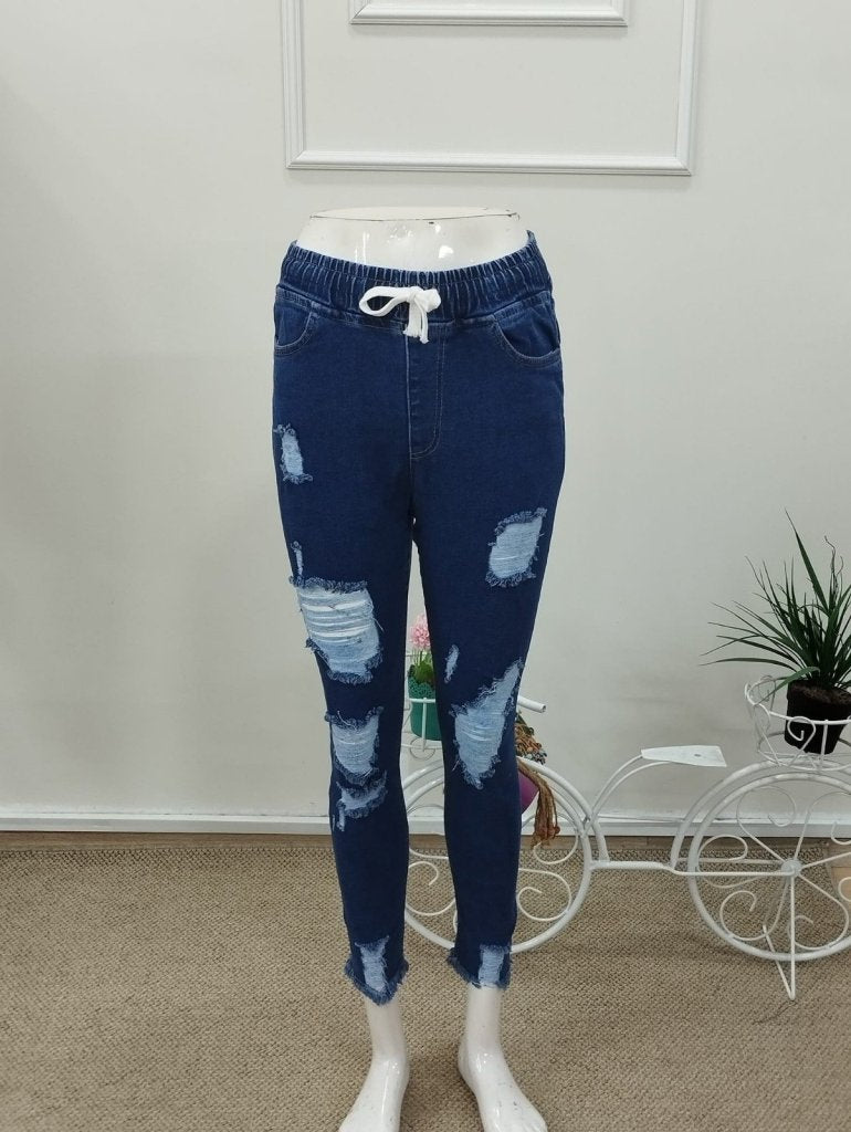 Kadın Yüksek Bel Beli Bağcıklı önden Yırtık Desenli Kot Pantolon , 32294