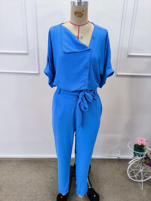 Set de două piese pentru femei, din crep, cu mânecă scurtă, guler și nasturi în față, format din bluză și pantaloni, 32307
