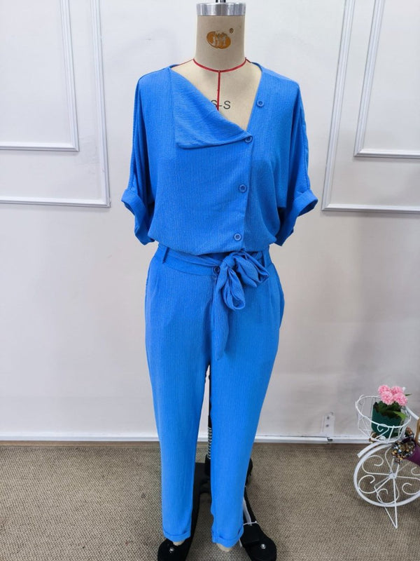 Set de două piese pentru femei, din crep, cu mânecă scurtă, guler și nasturi în față, format din bluză și pantaloni, 32307