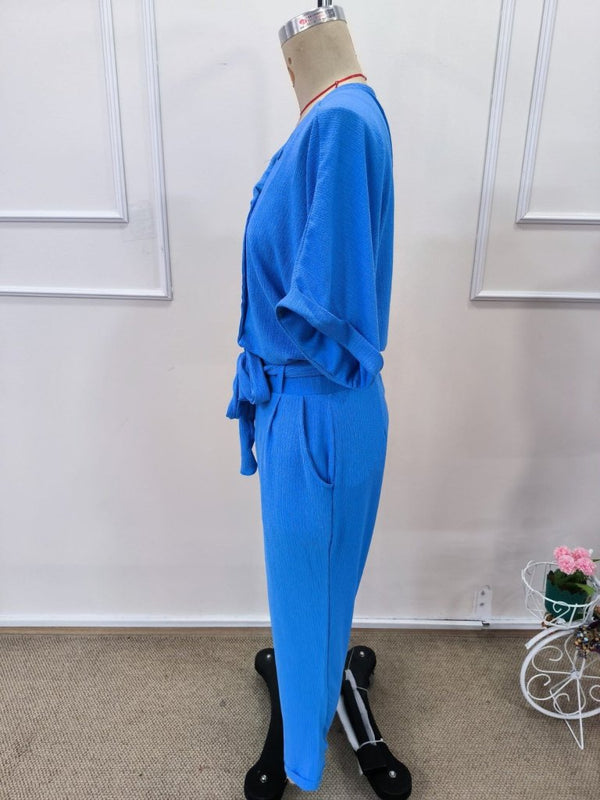 Set de două piese pentru femei, din crep, cu mânecă scurtă, guler și nasturi în față, format din bluză și pantaloni, 32307