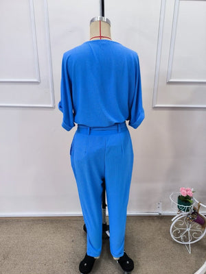 Set de două piese pentru femei, din crep, cu mânecă scurtă, guler și nasturi în față, format din bluză și pantaloni, 32307