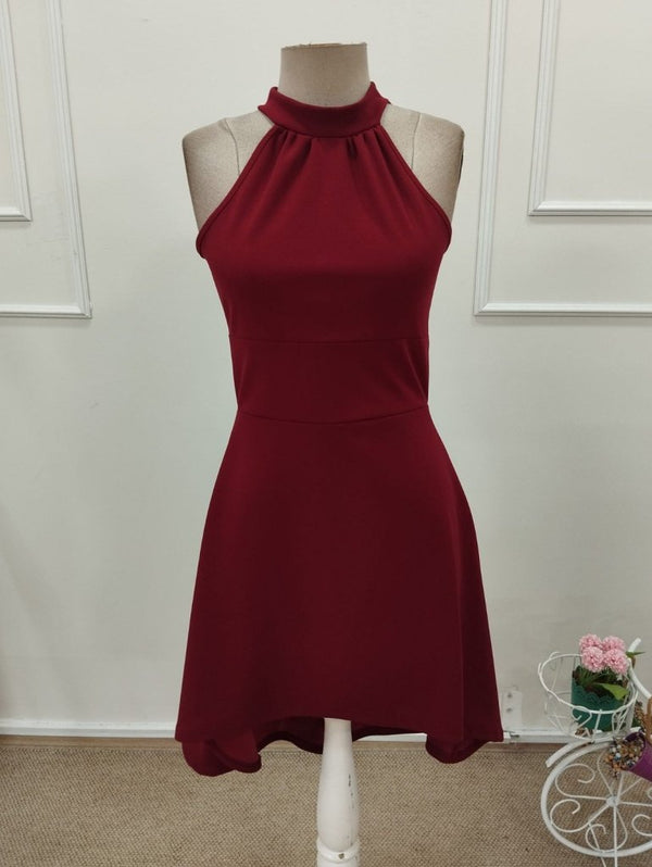 Rochie scurtă asimetrică din crep importat, cu umăr gol, decolteu cu detaliu inelar, pentru femei, 32318