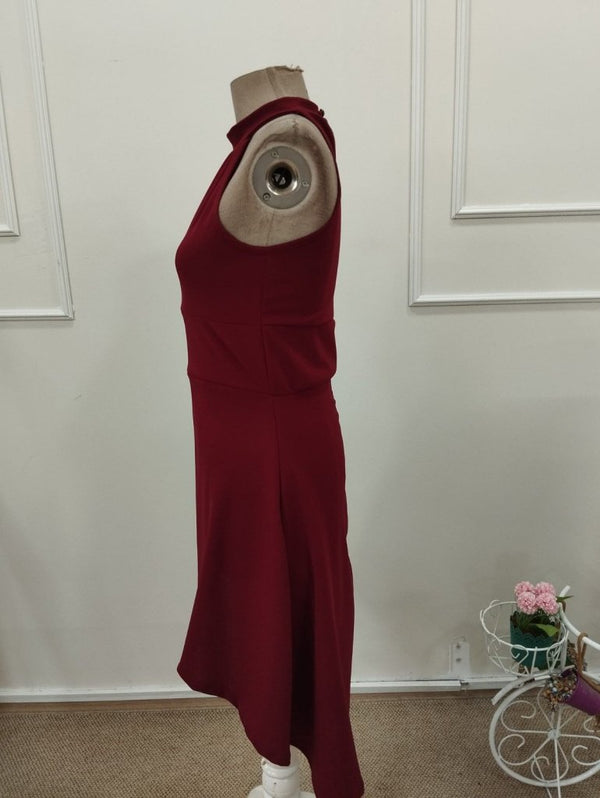 Rochie scurtă asimetrică din crep importat, cu umăr gol, decolteu cu detaliu inelar, pentru femei, 32318