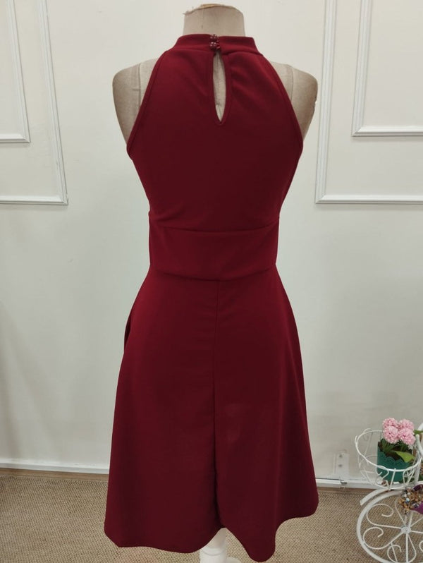 Rochie scurtă asimetrică din crep importat, cu umăr gol, decolteu cu detaliu inelar, pentru femei, 32318