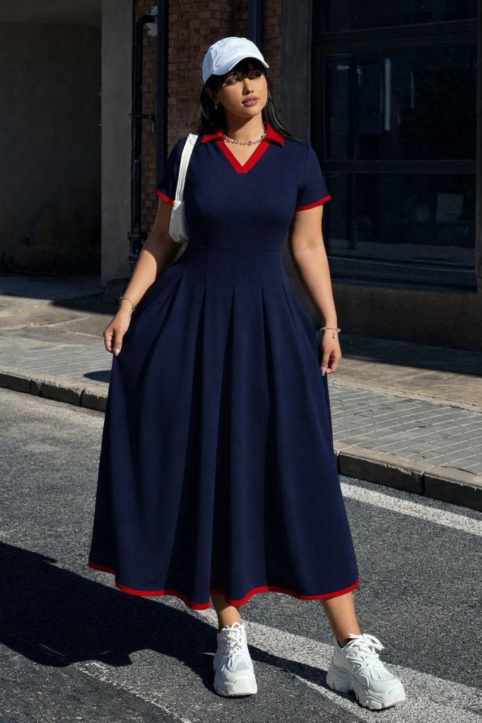 Rochie lungă de damă din crep janjan, cu mânecă scurtă, decolteu în V și pliuri, 32819