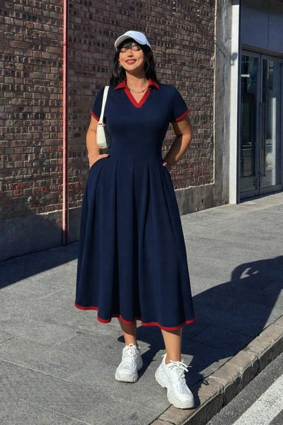 Rochie lungă de damă din crep janjan, cu mânecă scurtă, decolteu în V și pliuri, 32819