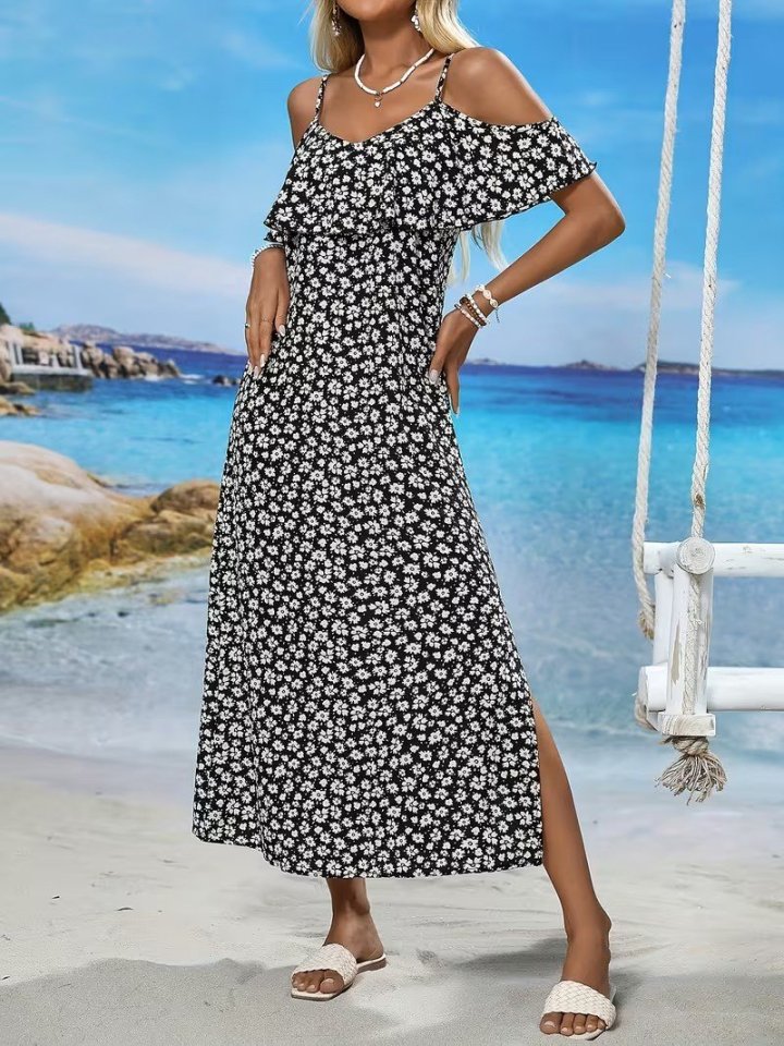 Women's Off-the-Shoulder Strappy Slit Patterned Long Supreme Dress, 32348