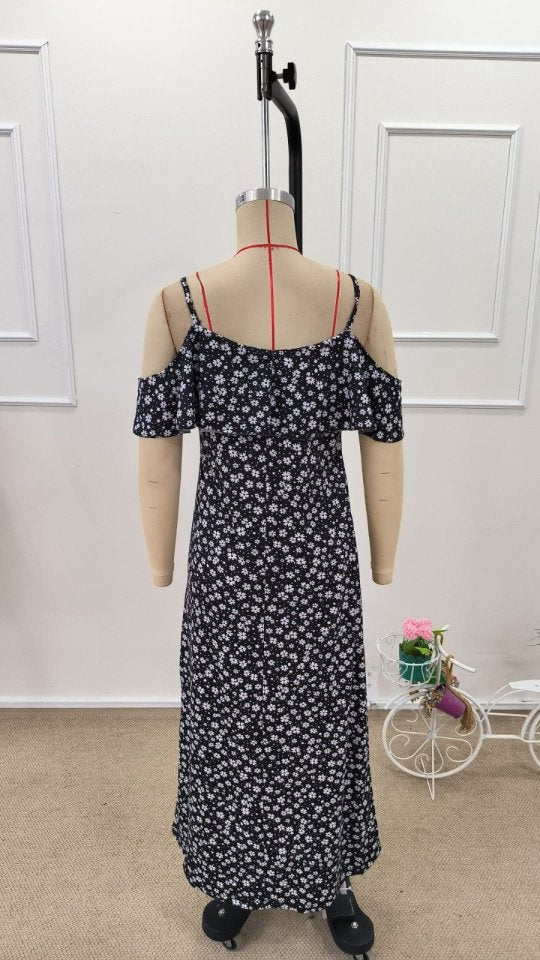 Women's Off-the-Shoulder Strappy Slit Patterned Long Supreme Dress, 32348