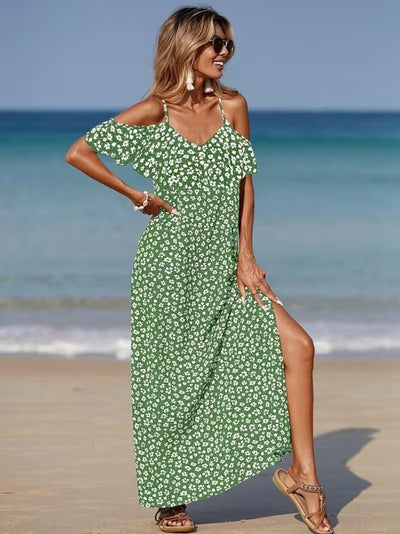 Women's Off-the-Shoulder Strappy Slit Patterned Long Supreme Dress, 32350