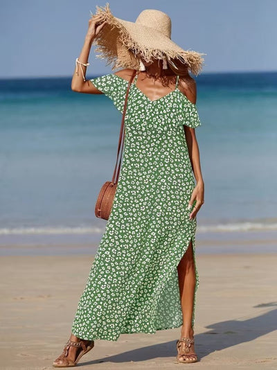 Women's Off-the-Shoulder Strappy Slit Patterned Long Supreme Dress, 32350