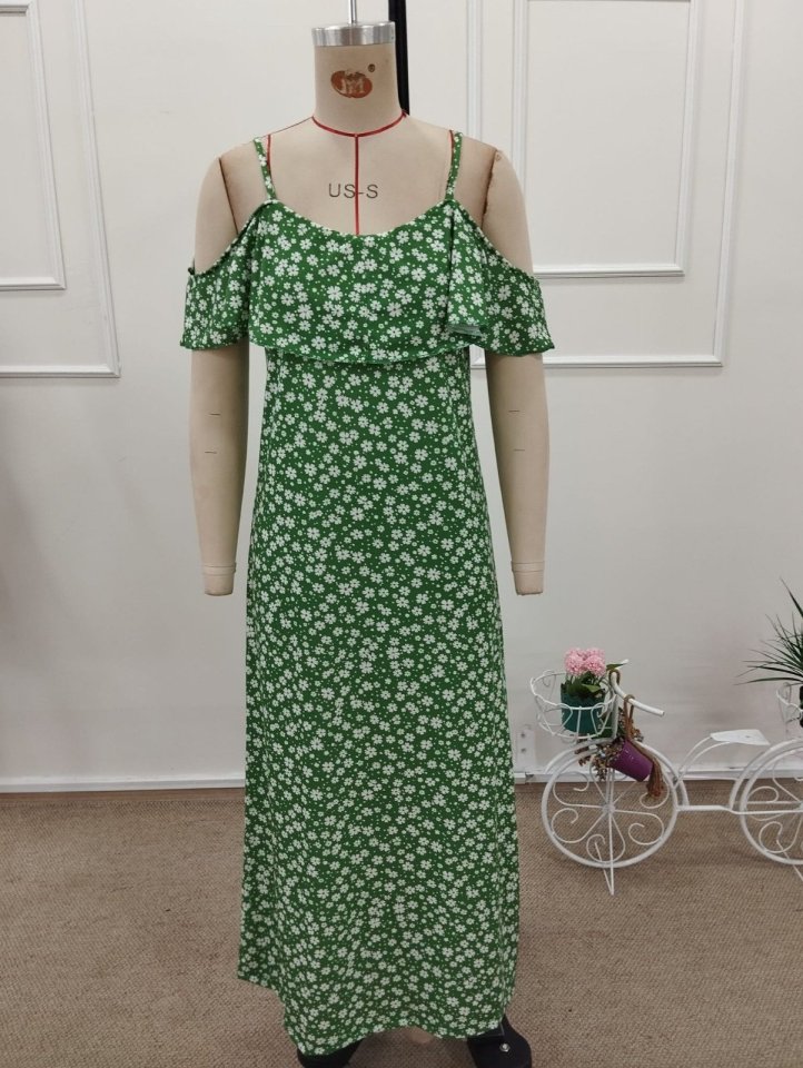 Women's Off-the-Shoulder Strappy Slit Patterned Long Supreme Dress, 32350