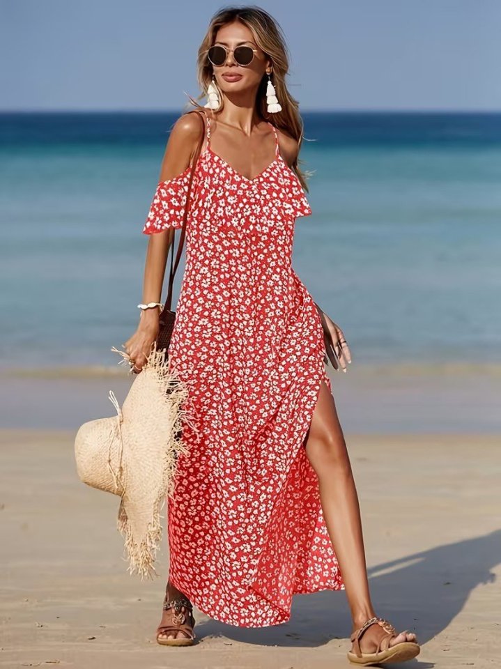 Rochie lungă Supreme pentru femei, cu bretele și umeri goi, cu crăpătură, model, 32351
