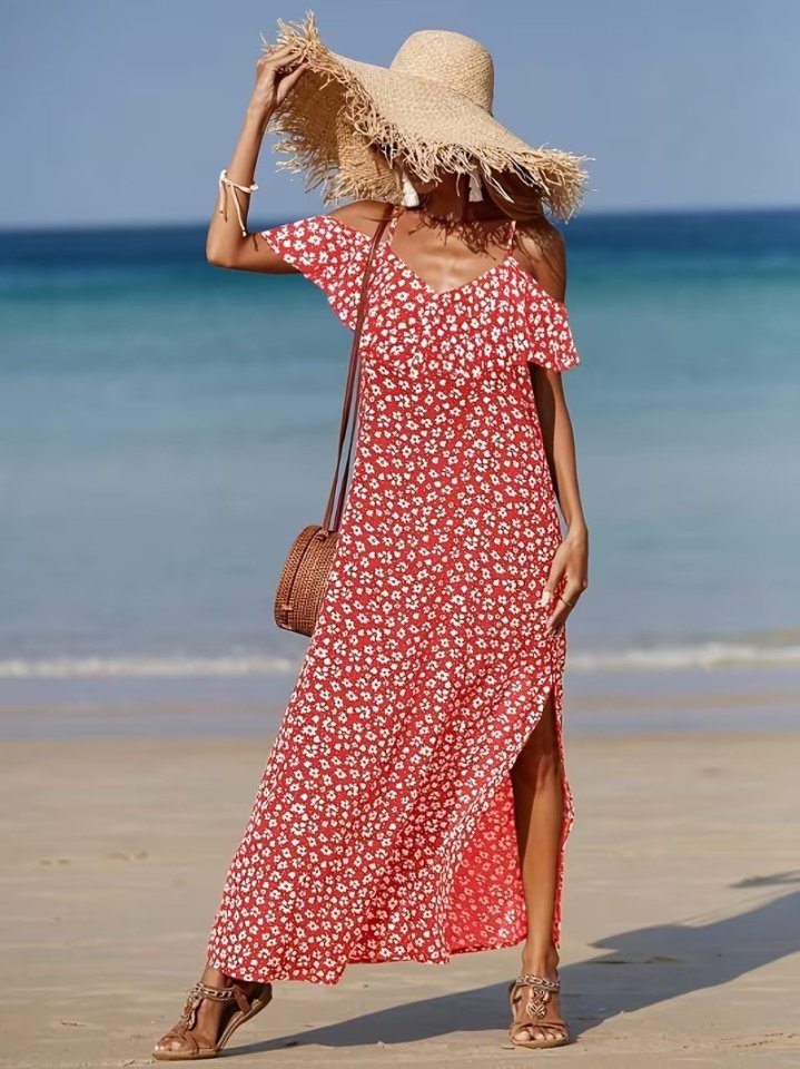 Rochie lungă Supreme pentru femei, cu bretele și umeri goi, cu crăpătură, model, 32351