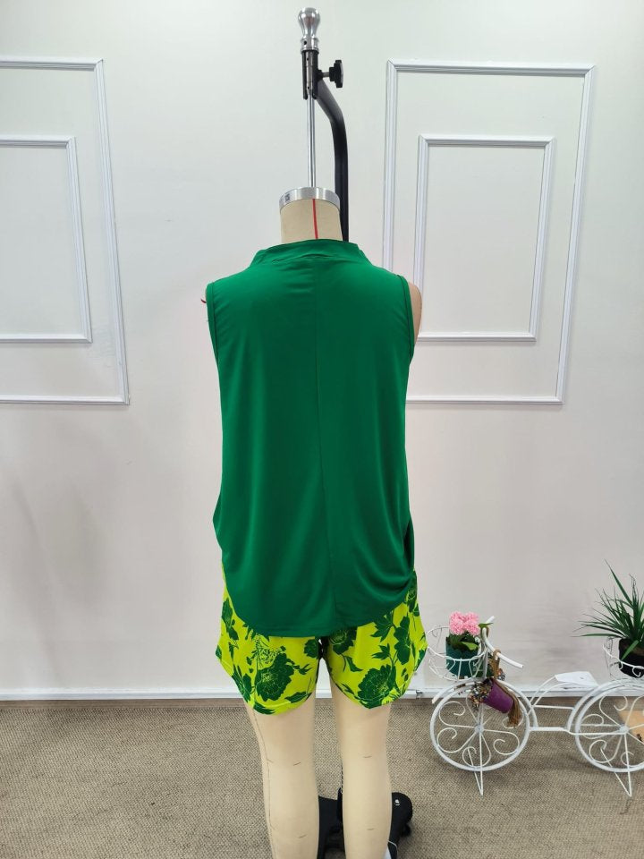 Set Două Piese pentru Femei, Bluză cu Bretele și Decolteu în V din Sandy și Short cu Model, 37823