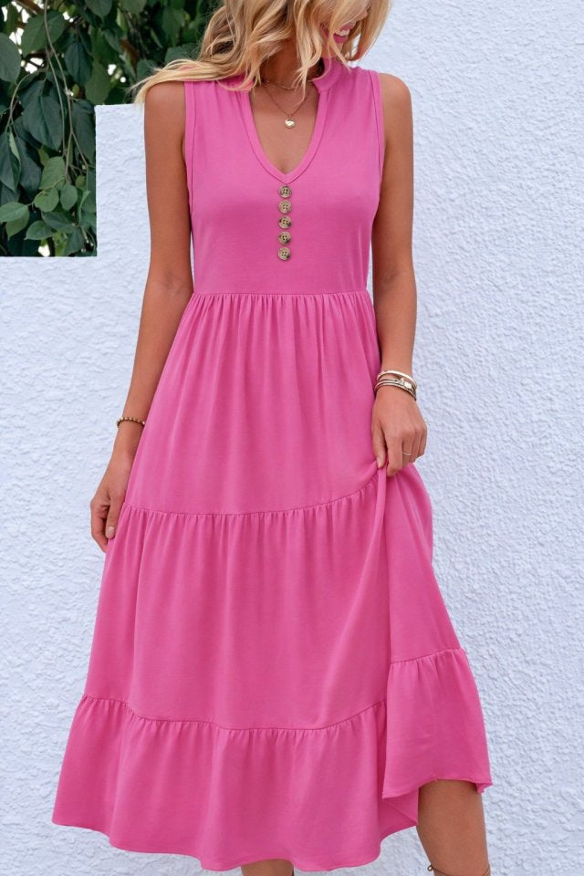 Rochie midi din viscoză pentru femei, cu decolteu în V și nasturi în față, cu bretele, 32359