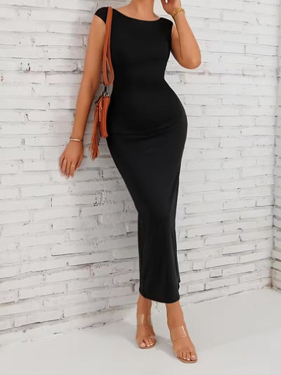 Women's Short-Sleeved Deep Back Plunge Long Scuba Dress, 32364