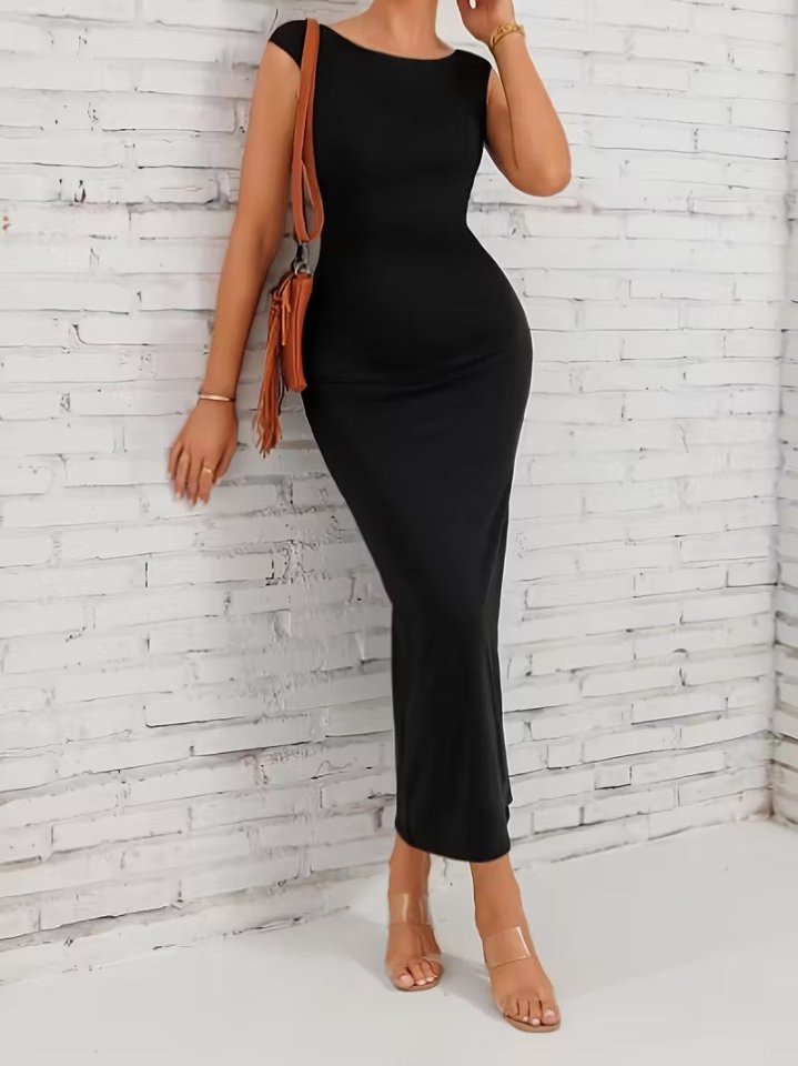 Women's Short-Sleeved Deep Back Plunge Long Scuba Dress, 32364