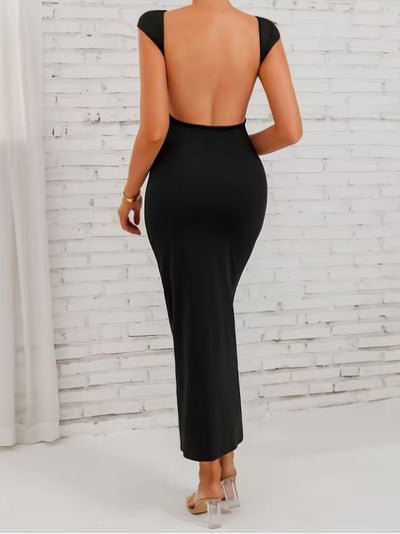 Women's Short-Sleeved Deep Back Plunge Long Scuba Dress, 32364