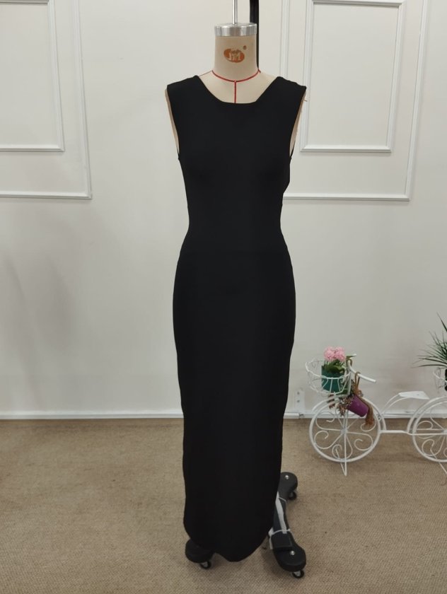 Women's Short-Sleeved Deep Back Plunge Long Scuba Dress, 32364