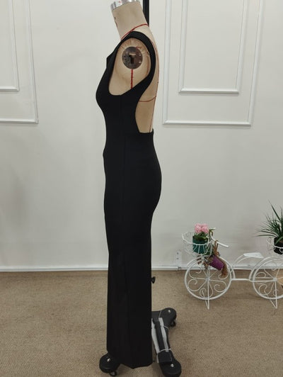 Women's Short-Sleeved Deep Back Plunge Long Scuba Dress, 32364