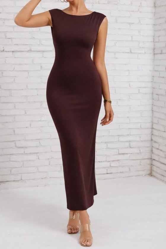 Women's Short Sleeve Deep Back Slit Long Scuba Dress, 32366