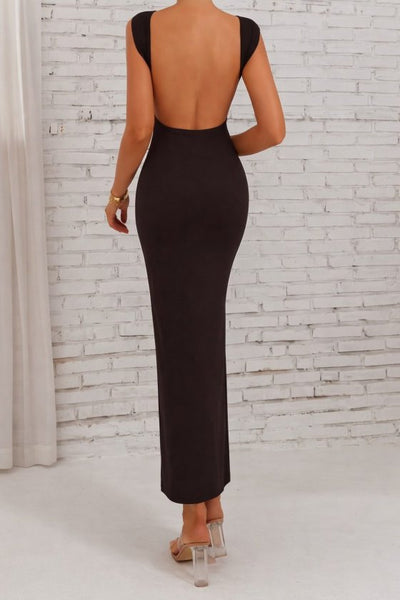 Women's Short Sleeve Deep Back Slit Long Scuba Dress, 32366