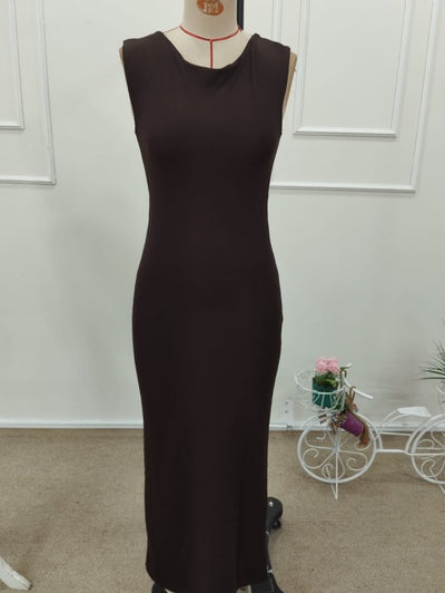 Women's Short Sleeve Deep Back Slit Long Scuba Dress, 32366