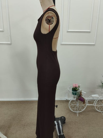 Women's Short Sleeve Deep Back Slit Long Scuba Dress, 32366